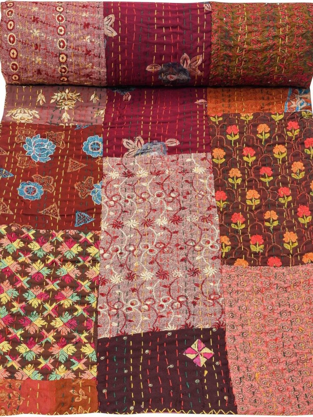 Handmade Vintage Khambadiya Handwork Hand Jari Patchwork Embroidery Kantha Quilt